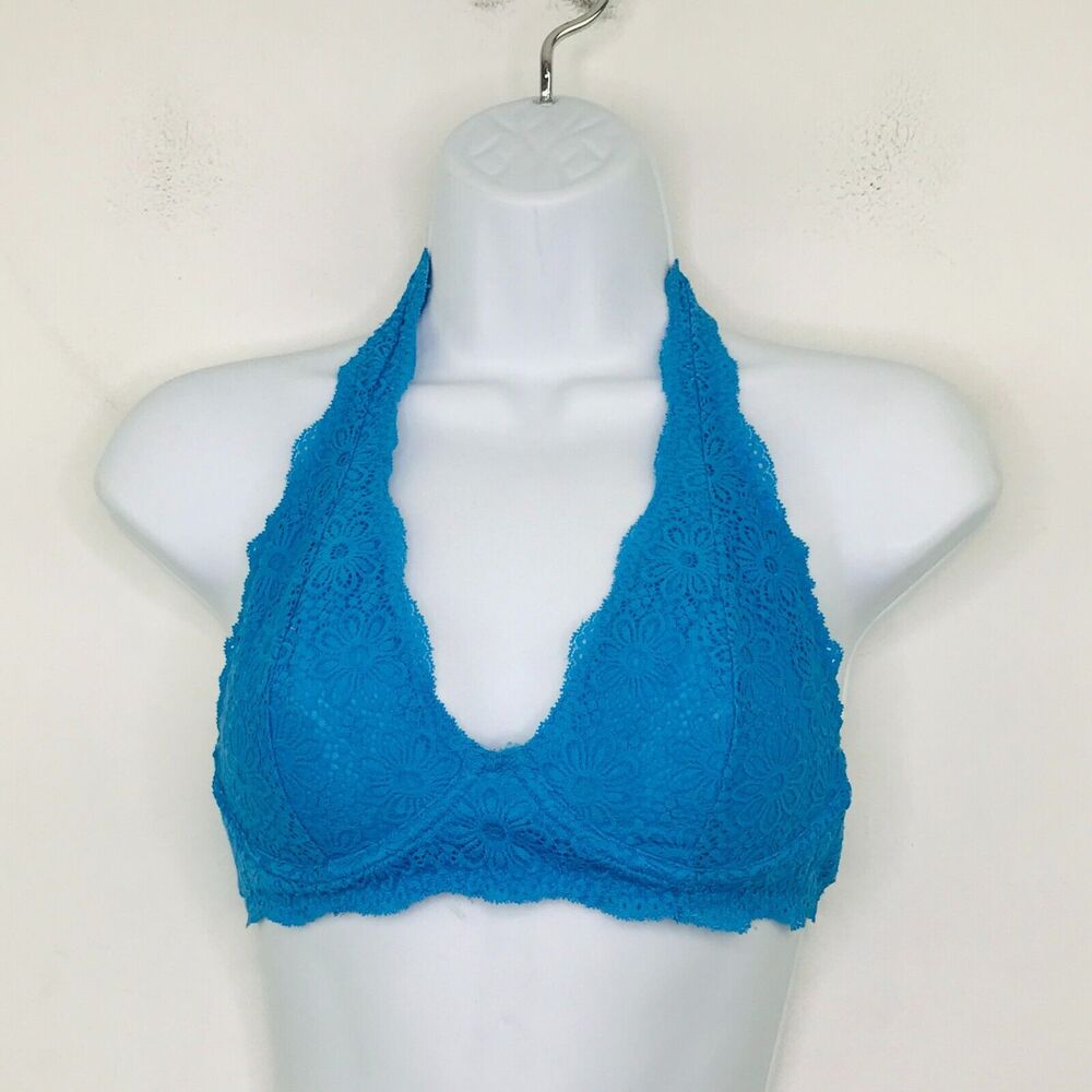 Aerie 36B Bra Blue Lace Unpadded Unlined Plunge Halter Underwired Bralette BV12